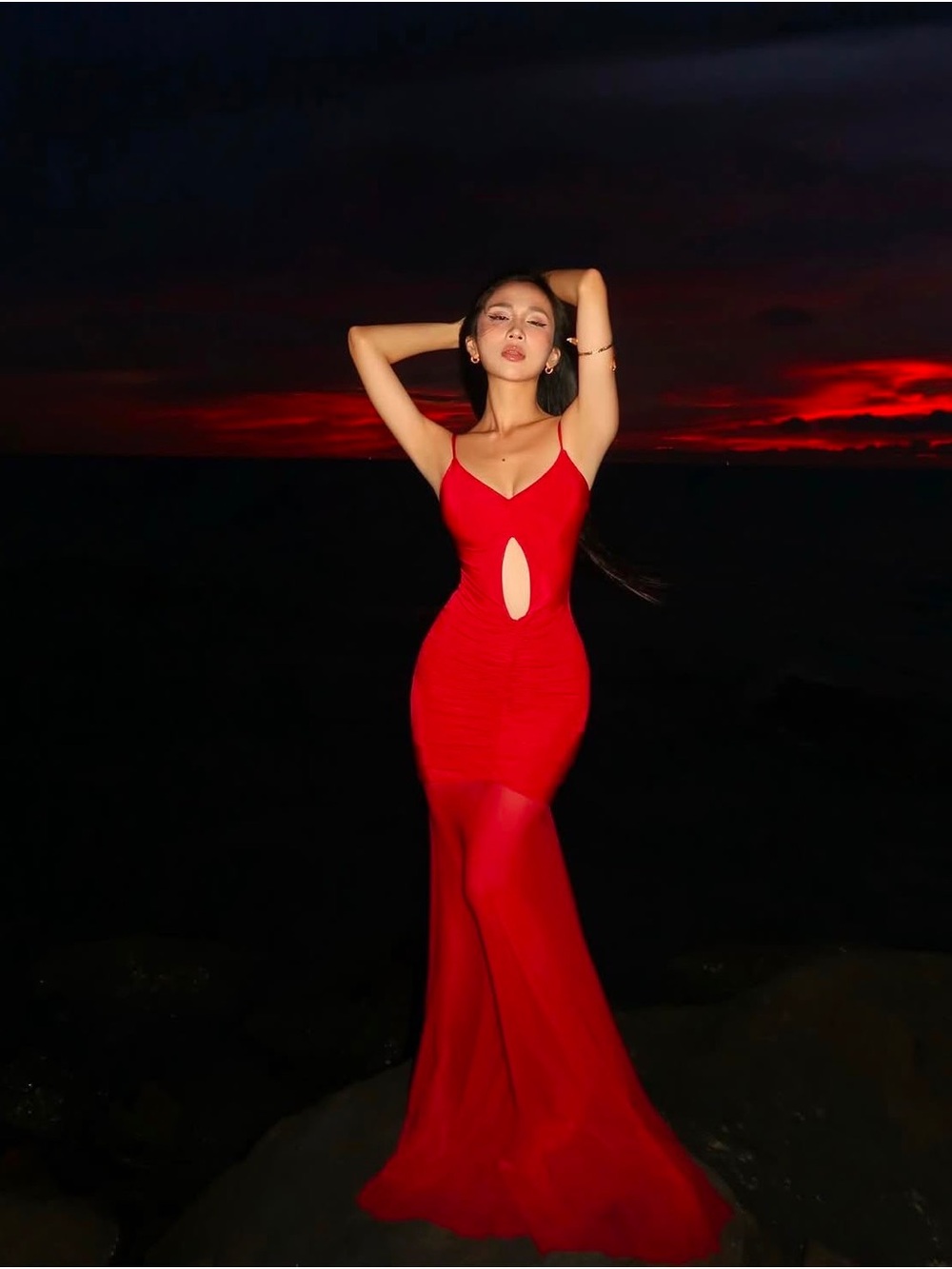 Elegant Red Cutout Evening Gown - Women's Dress